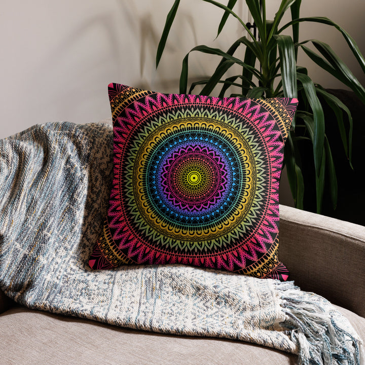 Mystical Fusion: Mehndi Mandala Pillow Cover in Pink, Yellow & Blue