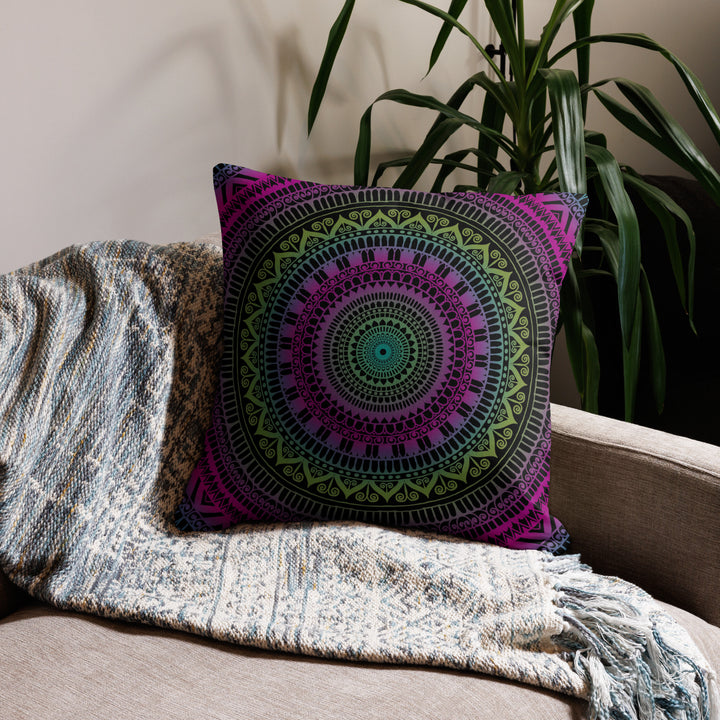 Soothing Delight: Pink & Green Mandala Pillow Cover with Mehndi Embellishments