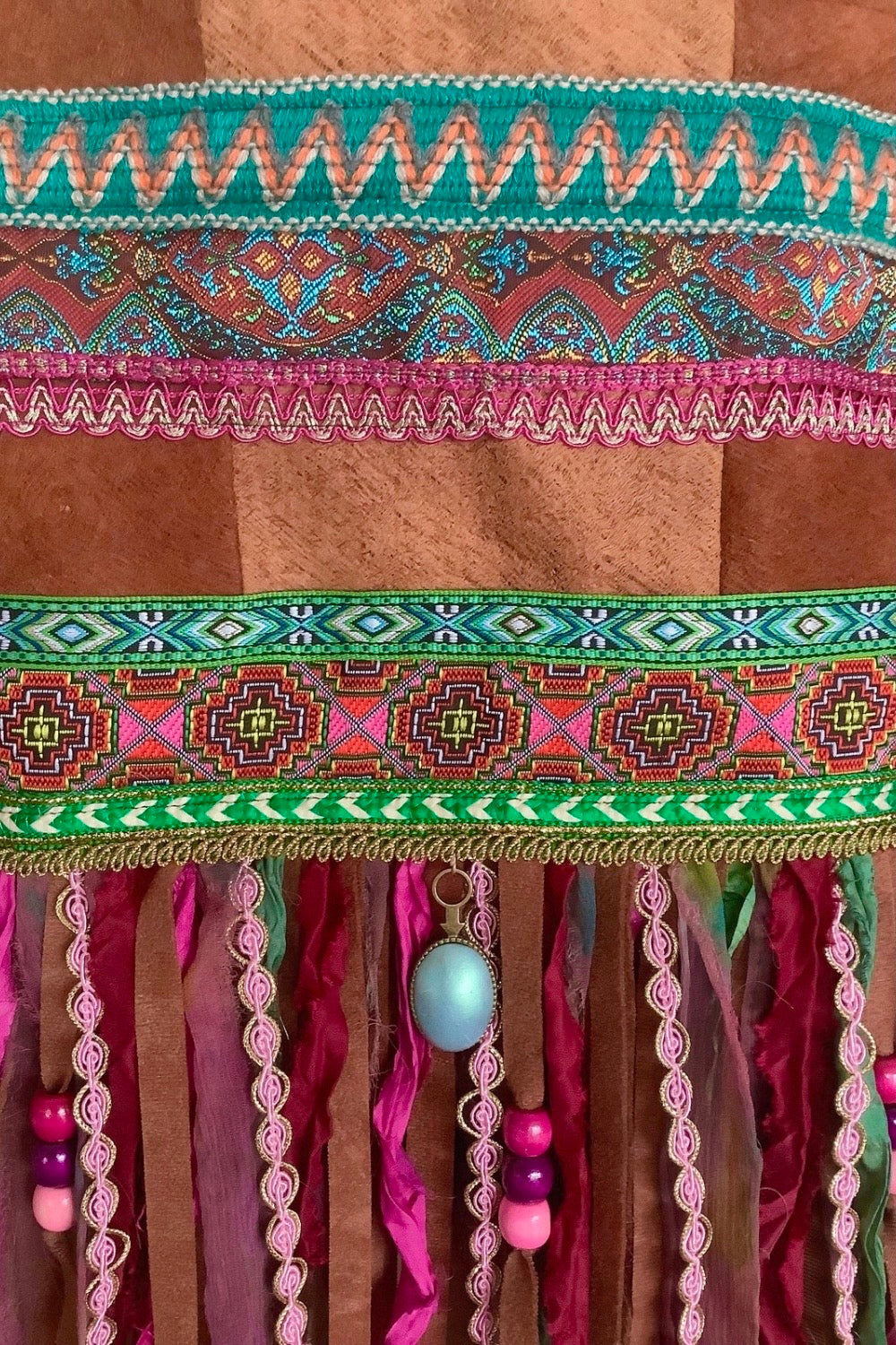 Bark cloth boho bag ribbons details