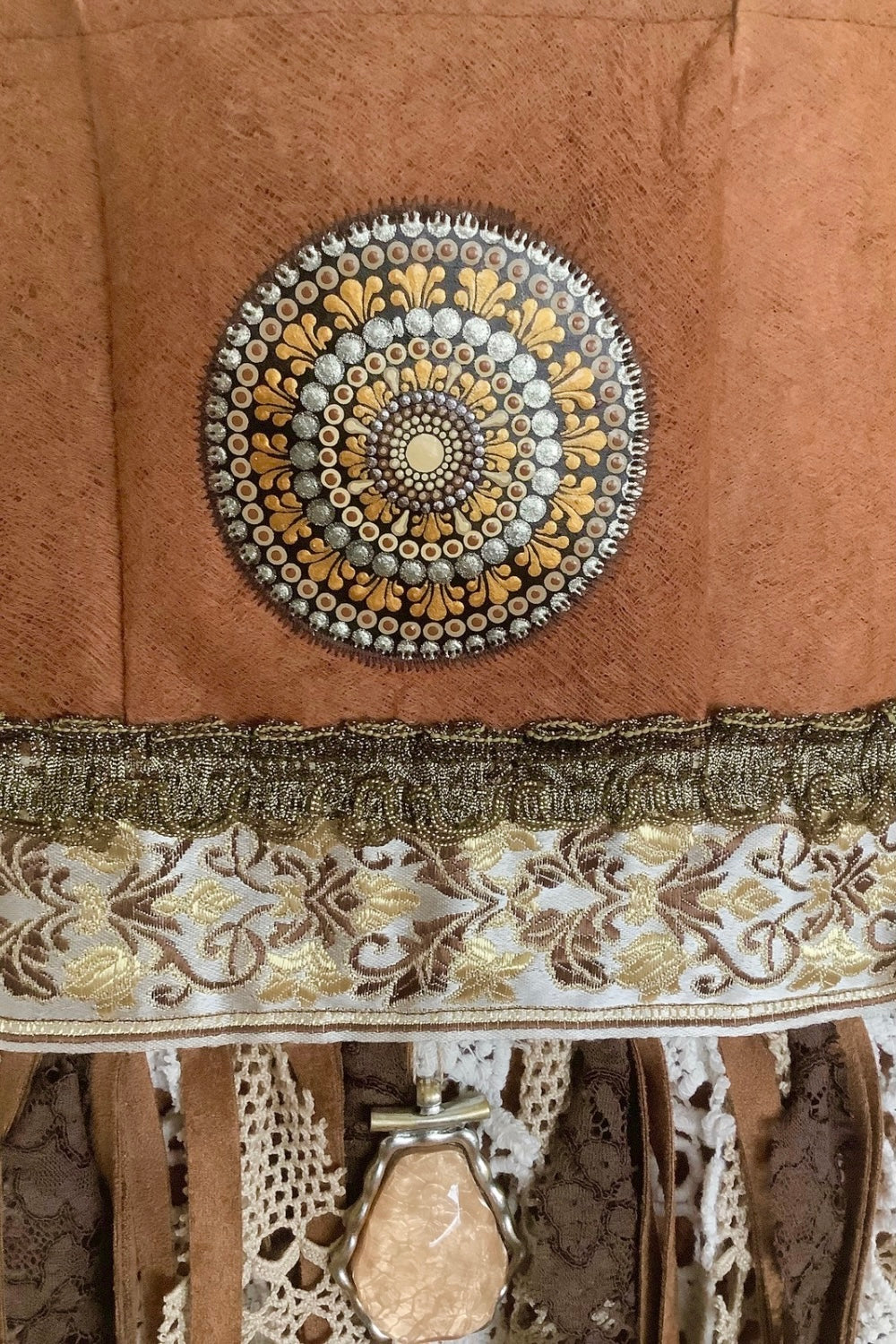 mandala in gold brown and silver on frontside bag