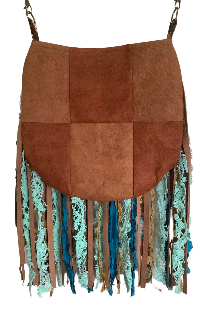 barkcloth crossbody bag with blue fringes back