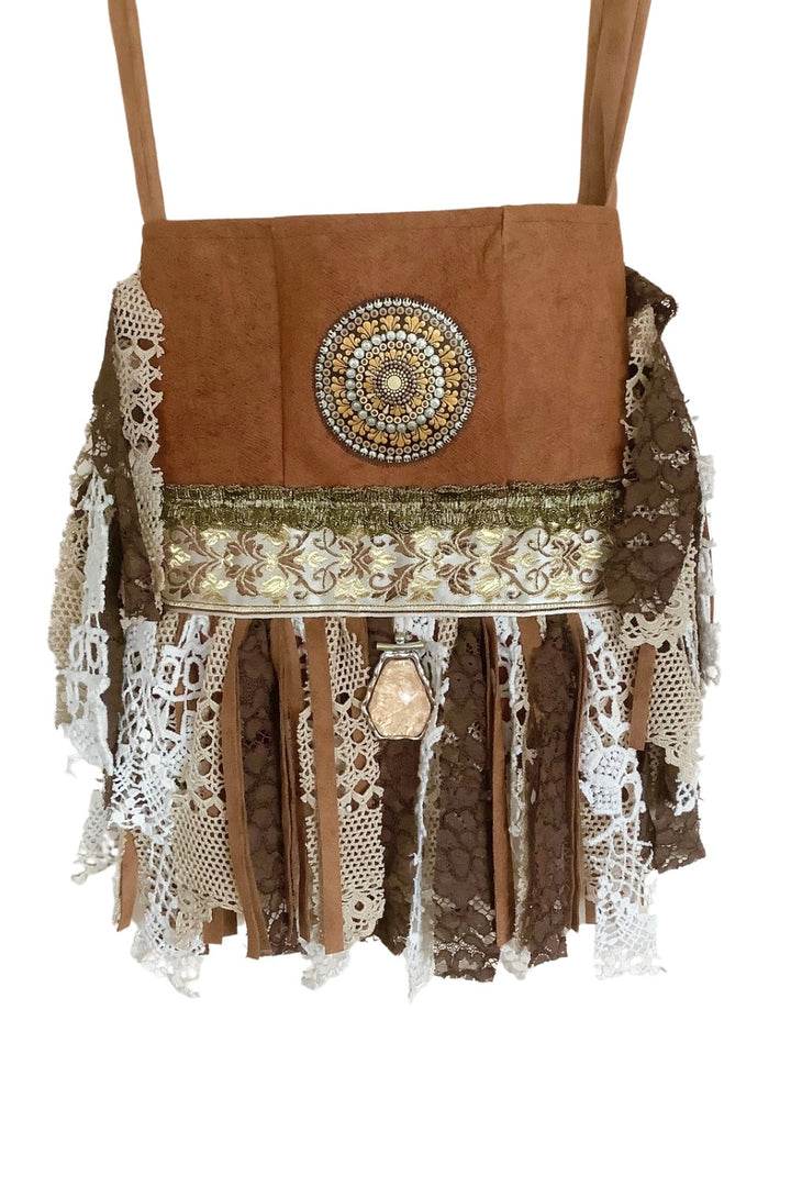 front side of barkcloth boho crossbody bat