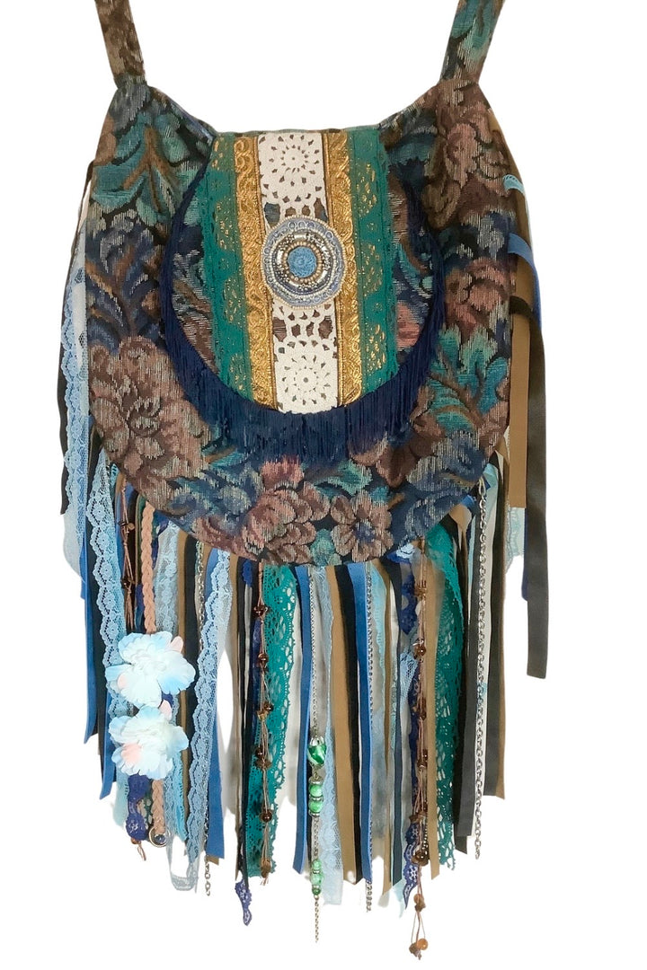 Crossbody bag in petrol gobelin fabric with long fringes and flowers