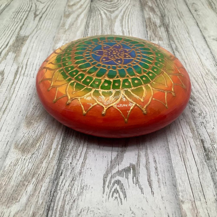 Unique rainbow-colored mandala stone, handmade and eco-friendly, finished with a protective layer.