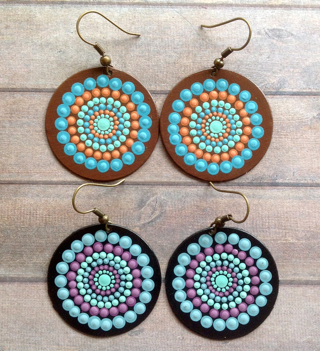 Mandala Earrings Dotpainted Blue-Orange