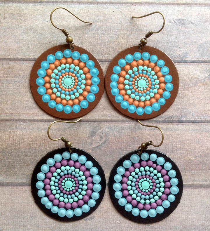 Mandala Earrings Dotpainted Blue-Orange