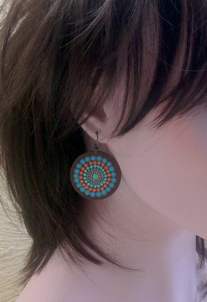 Mandala Earrings Dotpainted Blue-Orange