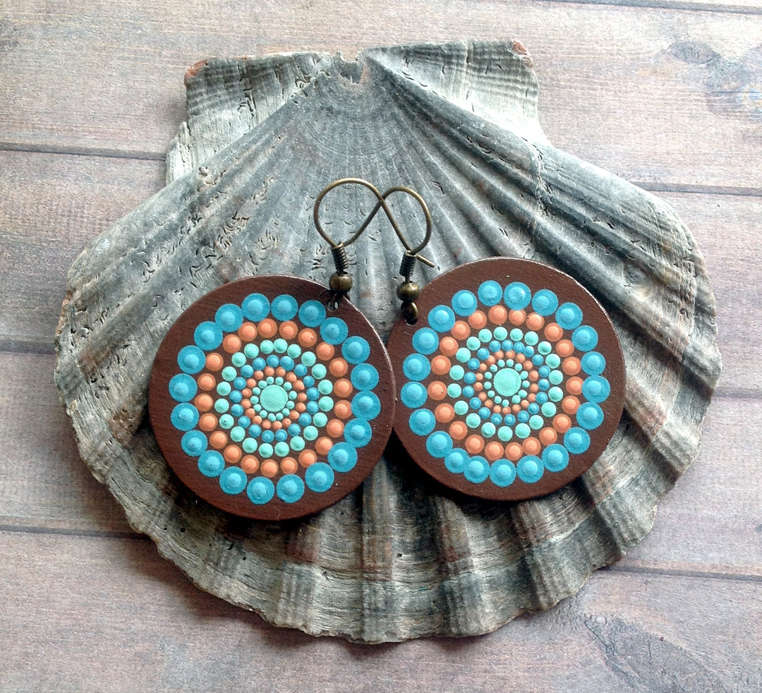 Mandala Earrings Dotpainted Blue-Orange