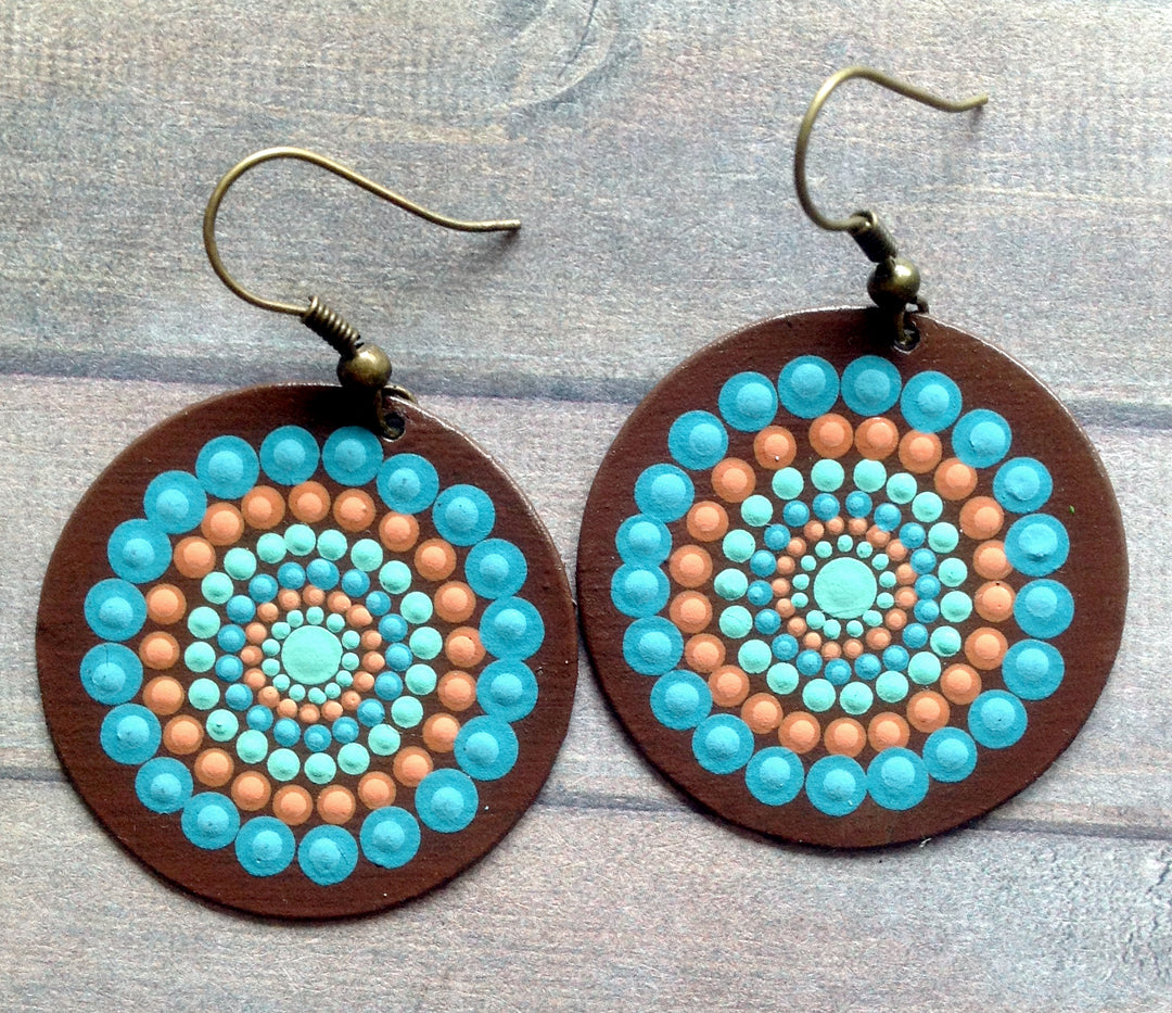 Mandala Earrings Dotpainted Blue-Orange