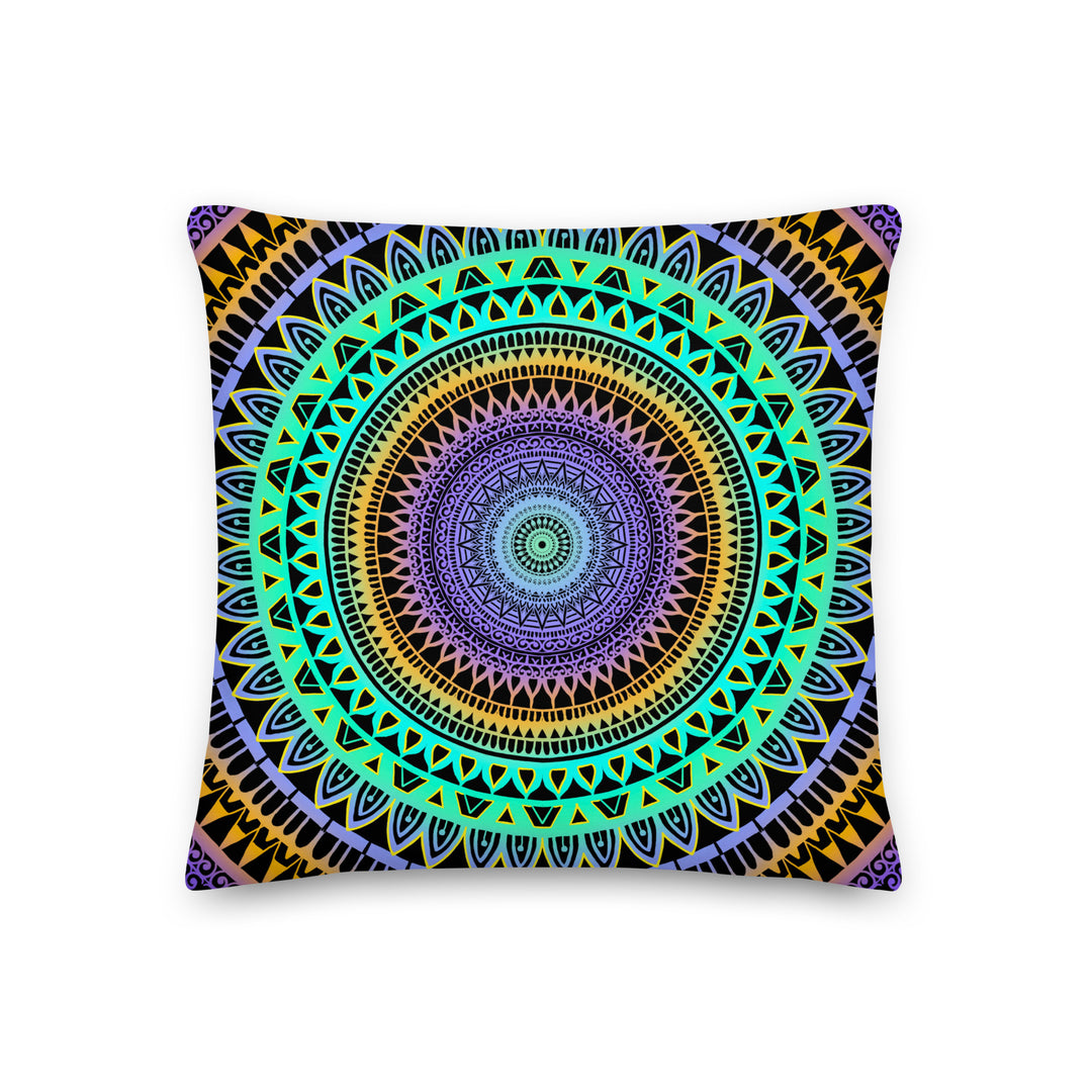 Minty Elegance: Vibrant Mandala Throw Pillow in Mint Green, Purple & Yellow