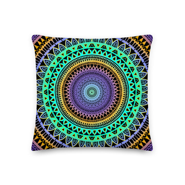 Minty Elegance: Vibrant Mandala Throw Pillow in Mint Green, Purple & Yellow