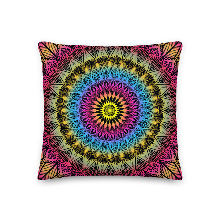 Color Burst: Vibrant Mandala Throw Pillow in Pink, Blue & Yellow