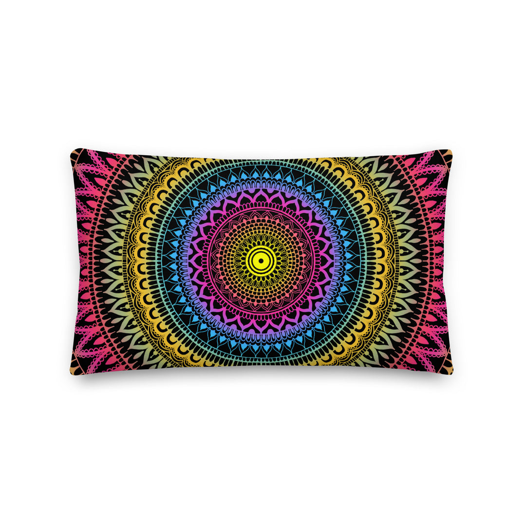 Mystical Fusion: Mehndi Mandala Throw Pillow in Pink, Yellow & Blue