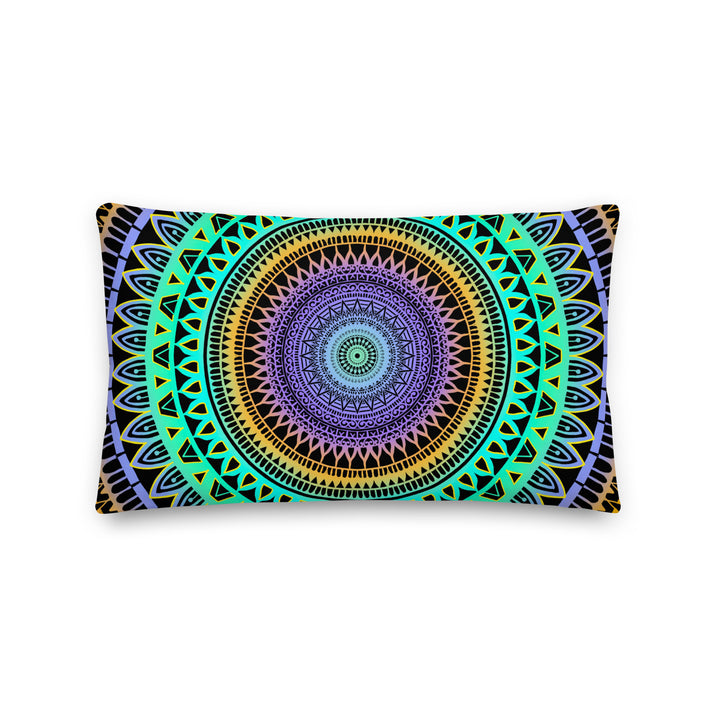 Minty Elegance: Vibrant Mandala Throw Pillow in Mint Green, Purple & Yellow