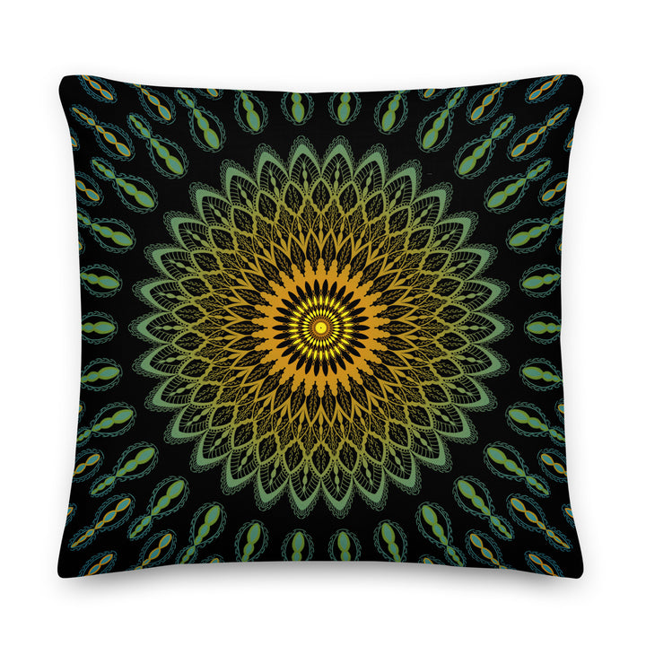 Webshoop MandalaStone throw pillow mandala green and yellow on black