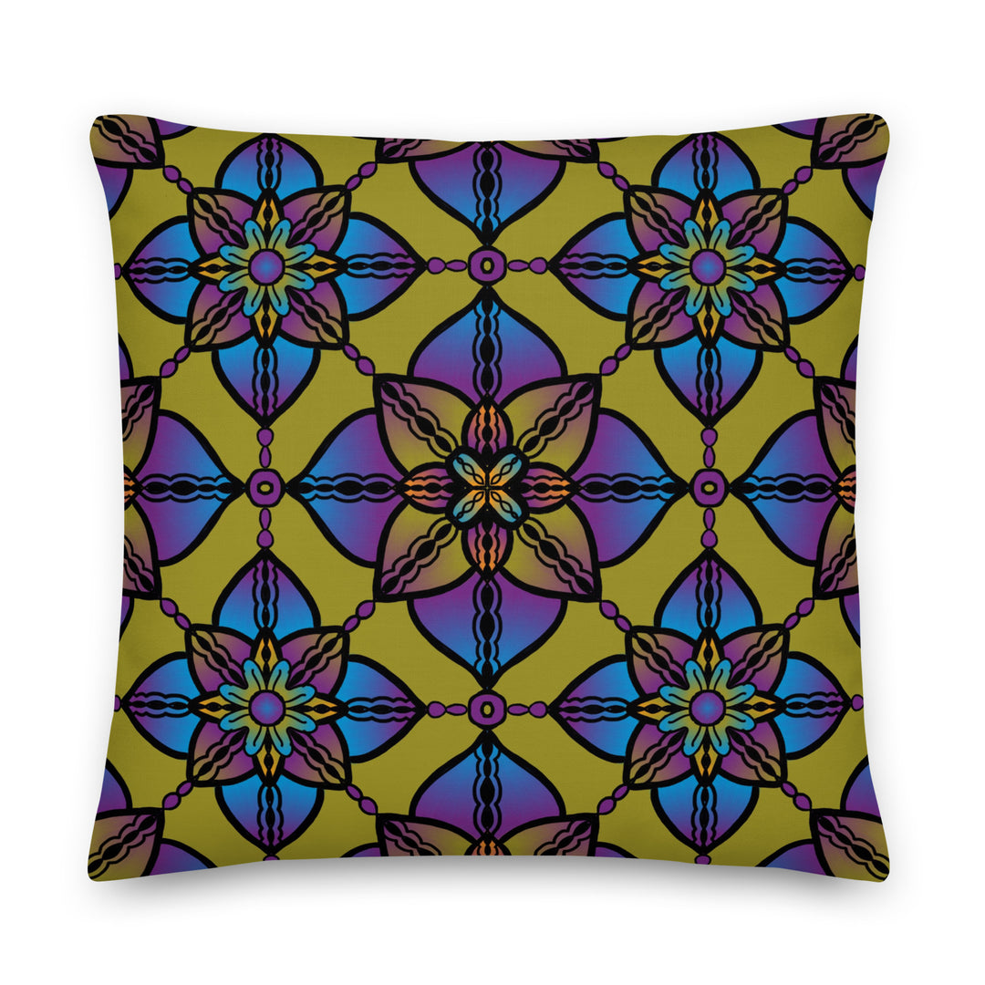 Vibrant Harmony: Kaleidoscope Mandala Throw Pillow in Purple, Blue & Yellow