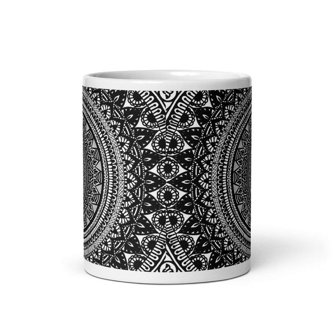 Mandala Duality: Black and White Ceramic Coffee Cup