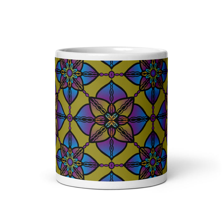 Vibrant Harmony: Kaleidoscope Mandala Mug in Purple, Blue & Yellow