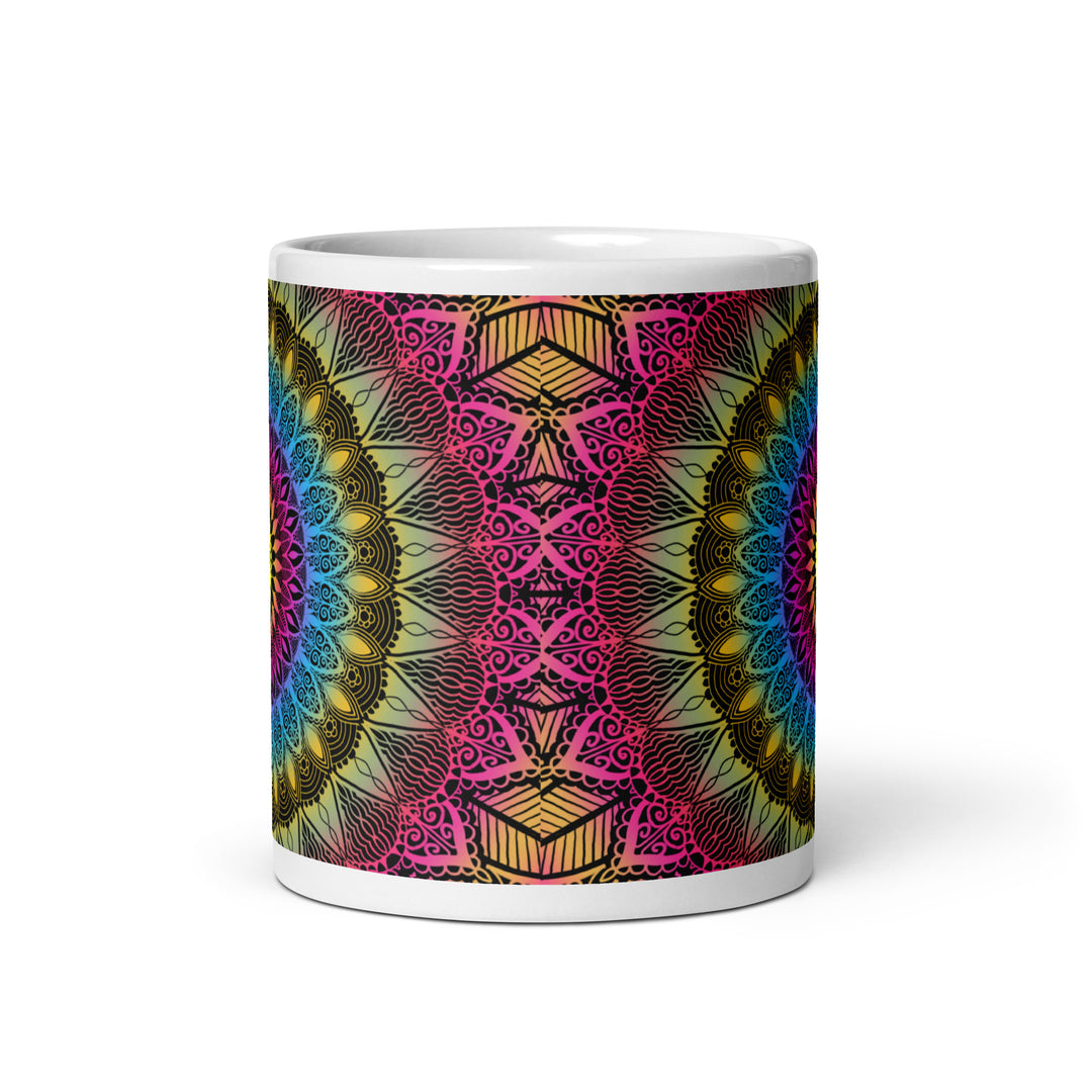 Color Burst: Vibrant Mandala Mug in Pink, Blue & Yellow