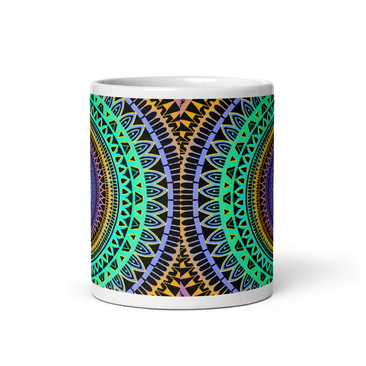 Minty Elegance: Vibrant Mandala Mug in Mint Green, Purple & Yellow