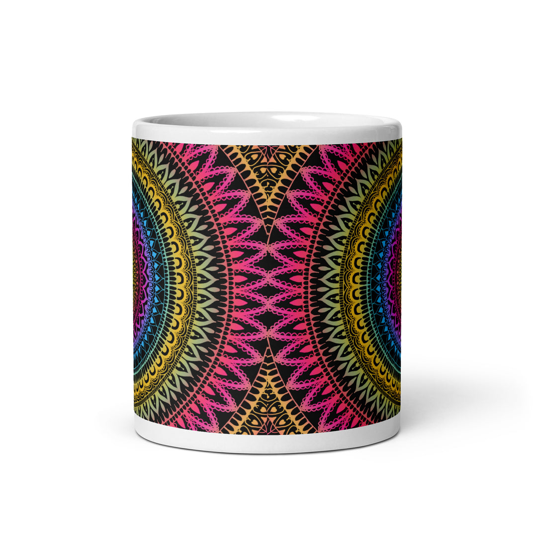 Mystical Fusion: Mehndi Mandala Mug in Pink, Yellow & Blue