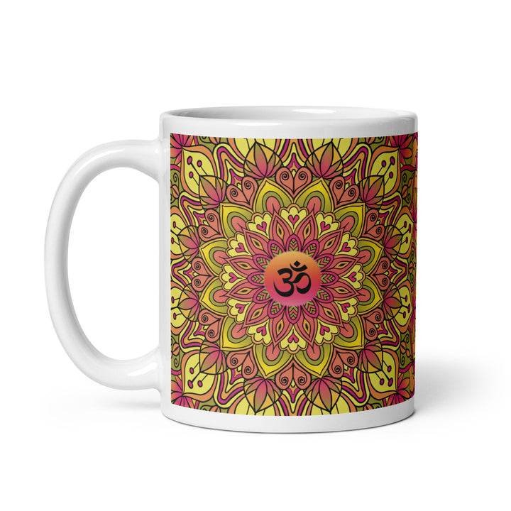 Ohm Bliss: Soft Yellow and Pink Mandala Mug for Serenity Seekers