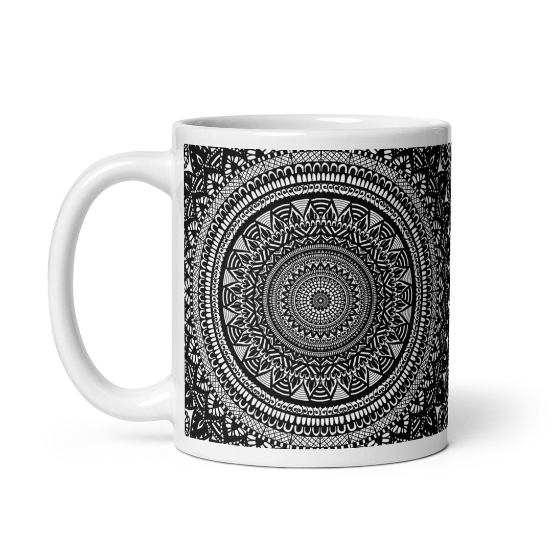 Mandala Duality: Black and White Ceramic Coffee Cup