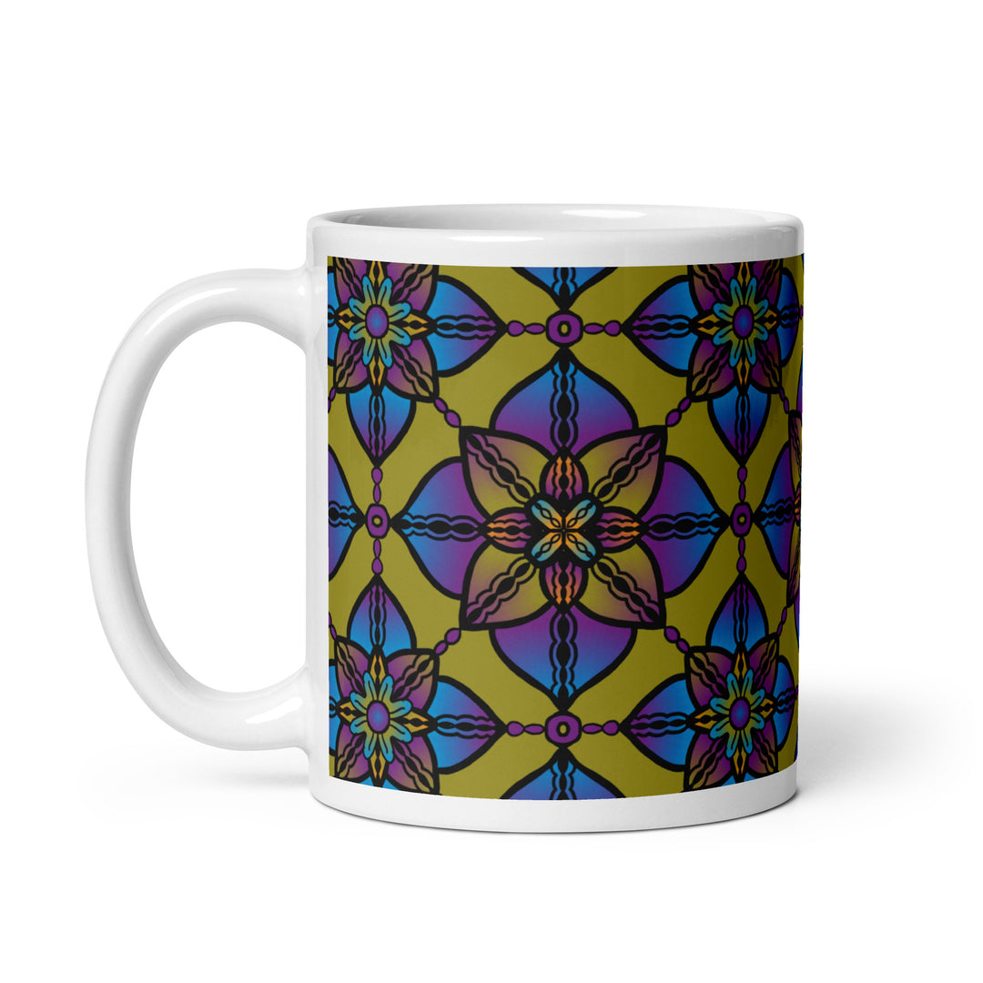 Vibrant Harmony: Kaleidoscope Mandala Mug in Purple, Blue & Yellow