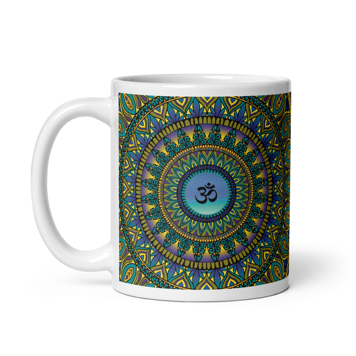 Sacred Serenity: Petrol, Purple, and Gold Mandala Mug with Ohm Symbol