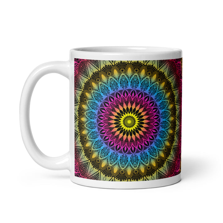 Color Burst: Vibrant Mandala Mug in Pink, Blue & Yellow