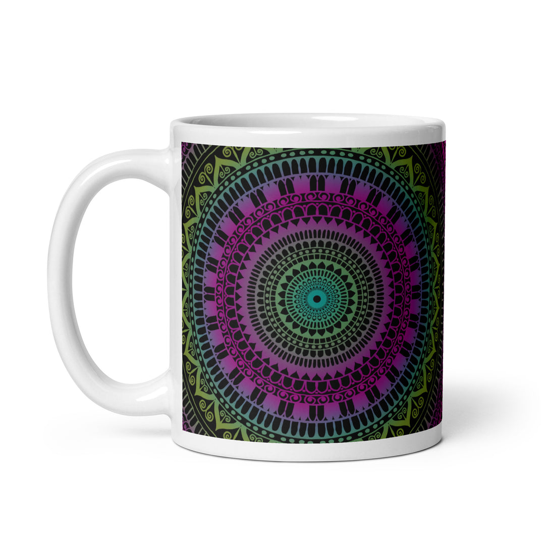 Soothing Delight: Pink & Green Mandala Mug with Mehndi Embellishments