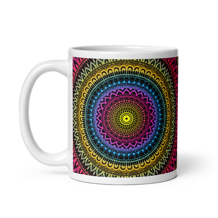 Mystical Fusion: Mehndi Mandala Mug in Pink, Yellow & Blue