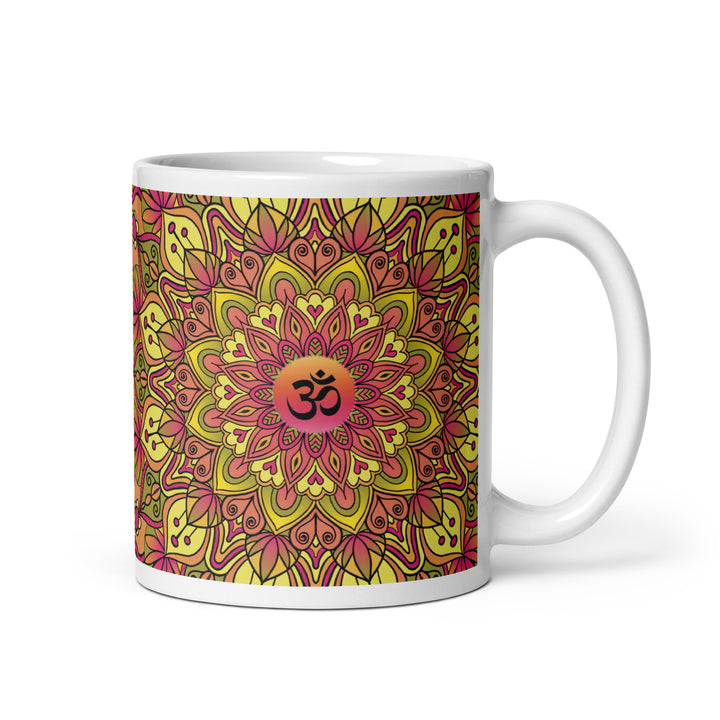 Soft Yellow and Pink Mandala Mug in boho style, featuring a playful Ohm sign in the center