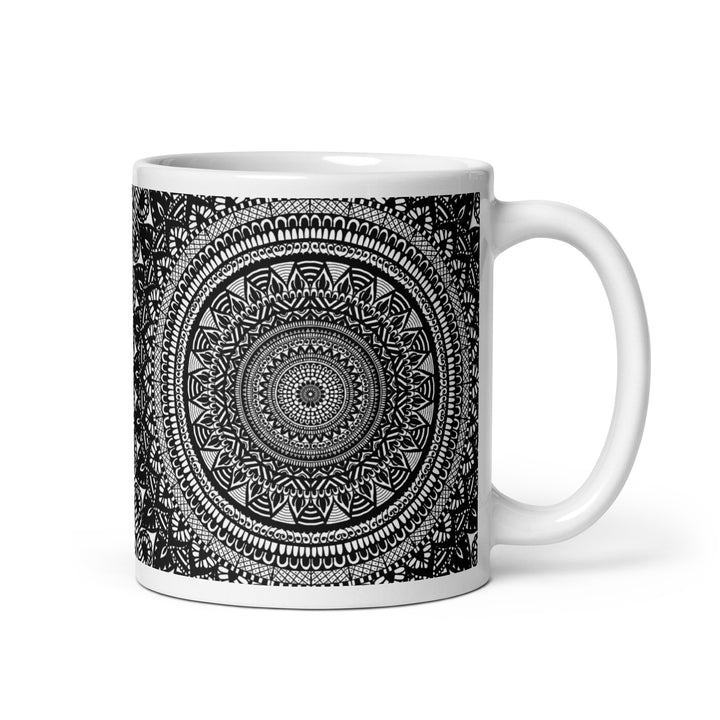 Black and White Mandala Mug with intricate monochrome design