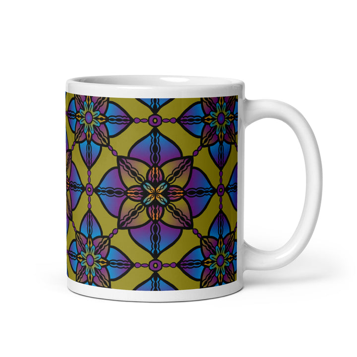 Vibrant Harmony: Kaleidoscope Mandala Mug in Purple, Blue & Yellow