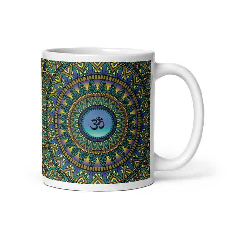 Petrol, purple, and gold mandala mug with Ohm symbol at the center.