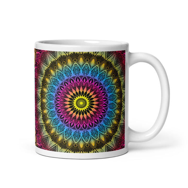 Color Burst: Vibrant Mandala Mug in Pink, Blue & Yellow