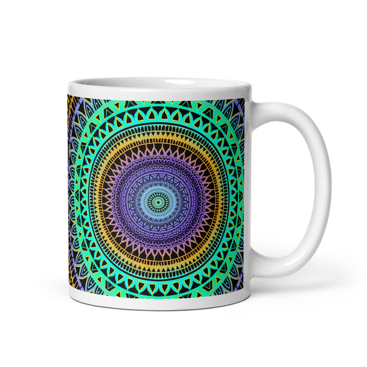 Minty Elegance: Vibrant Mandala Mug in Mint Green, Purple & Yellow