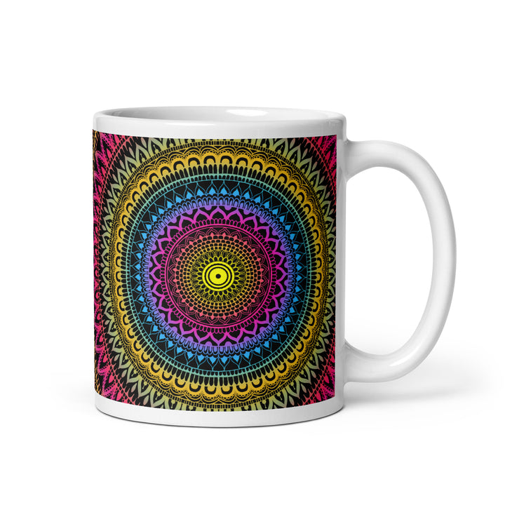 Mystical Fusion: Mehndi Mandala Mug in Pink, Yellow & Blue