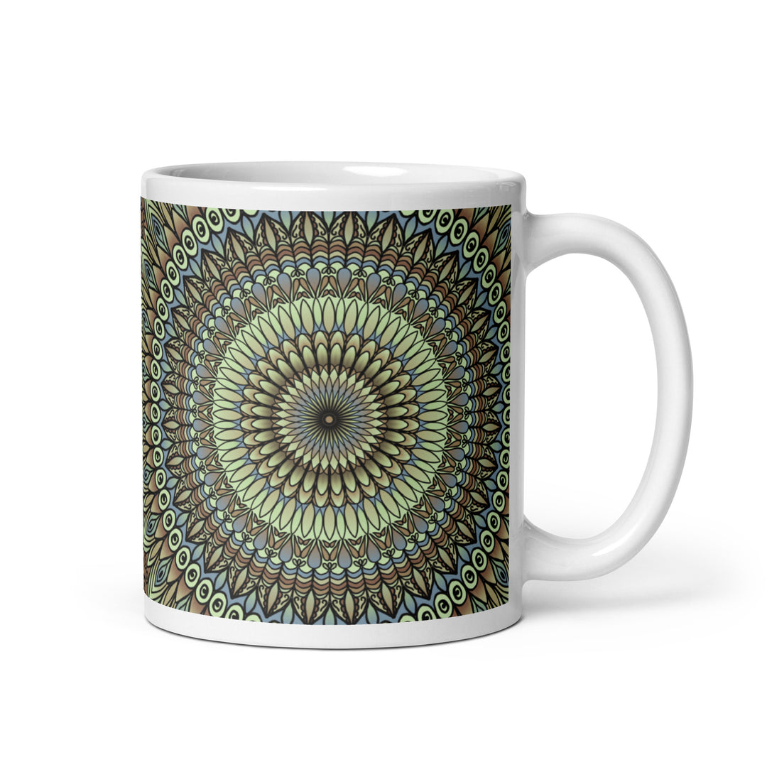 Flower mandala mug in soft lavender, green, and brown. Delicate floral patterns adorn the surface, creating a serene and elegant design