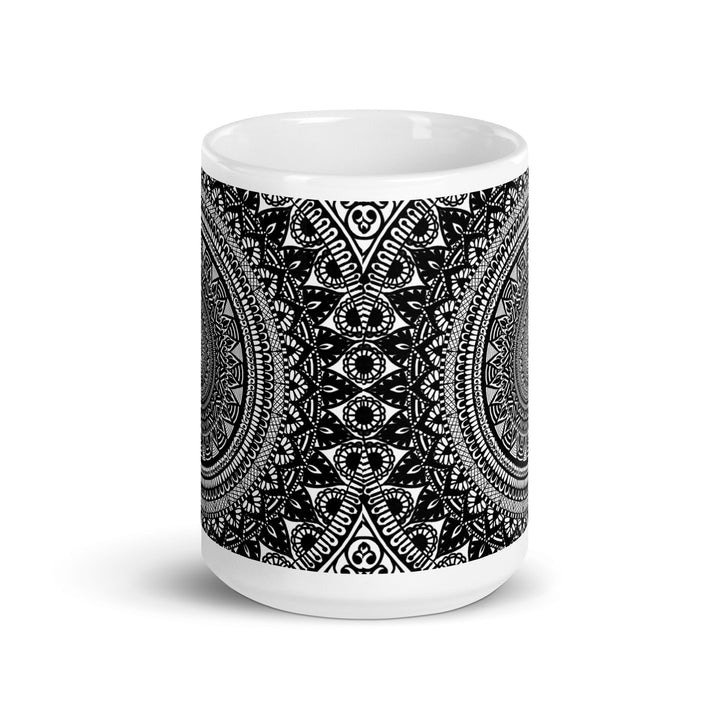 Mandala Duality: Black and White Ceramic Coffee Cup