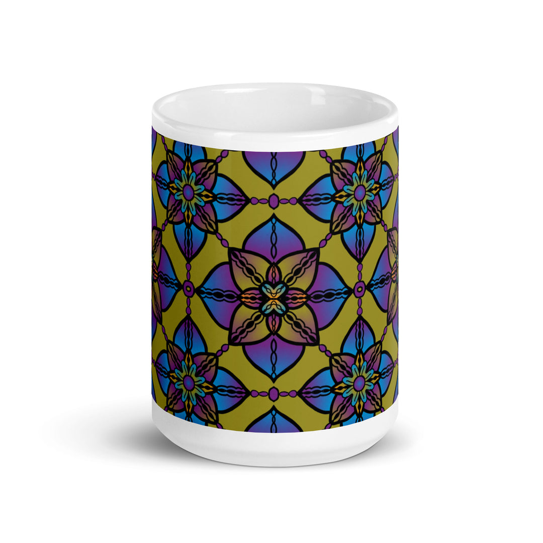 Vibrant Harmony: Kaleidoscope Mandala Mug in Purple, Blue & Yellow