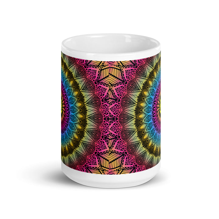 Color Burst: Vibrant Mandala Mug in Pink, Blue & Yellow