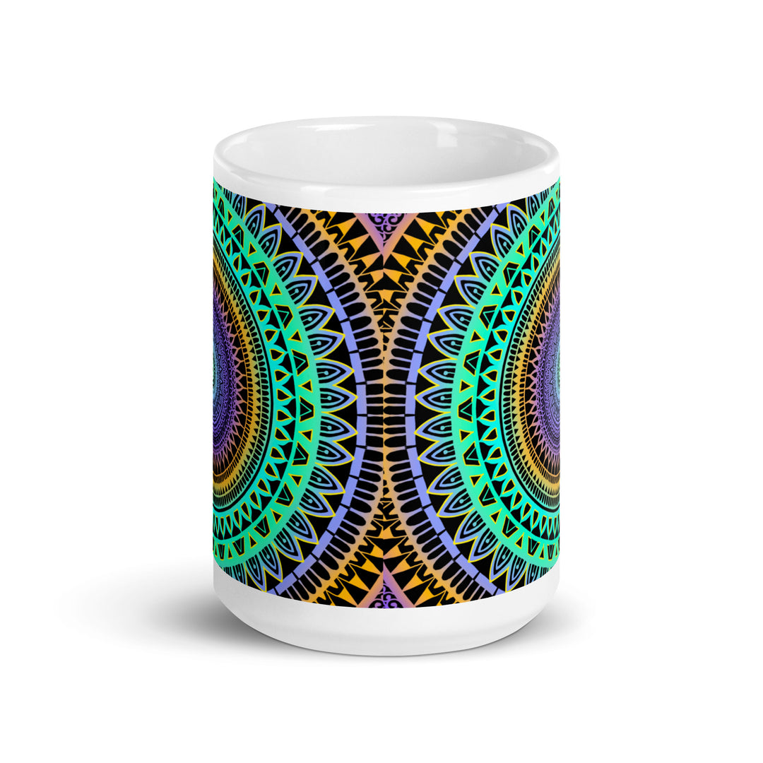 Minty Elegance: Vibrant Mandala Mug in Mint Green, Purple & Yellow