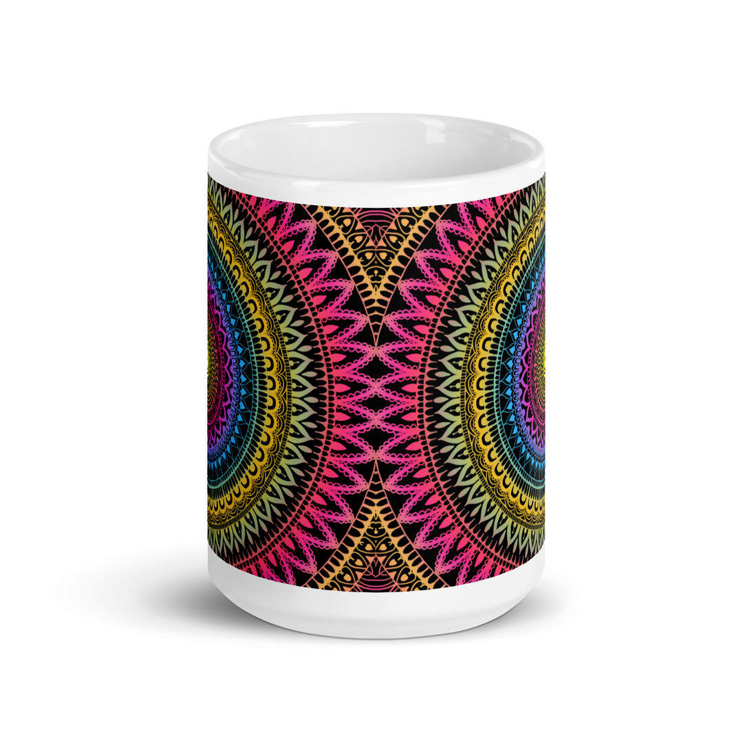 Mystical Fusion: Mehndi Mandala Mug in Pink, Yellow & Blue