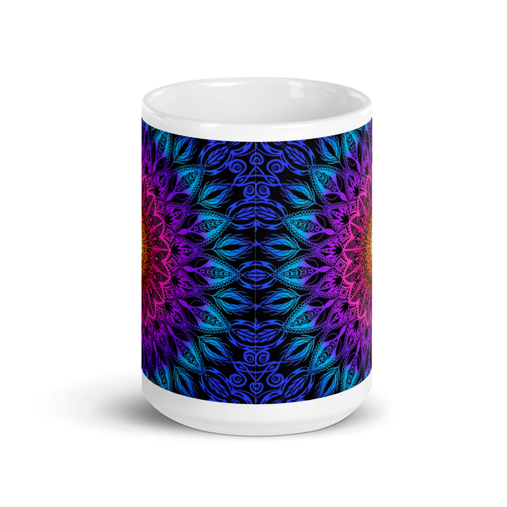 Boho Fiesta: Bright Mandala Mug with Orange, Pink, Purple & Blue