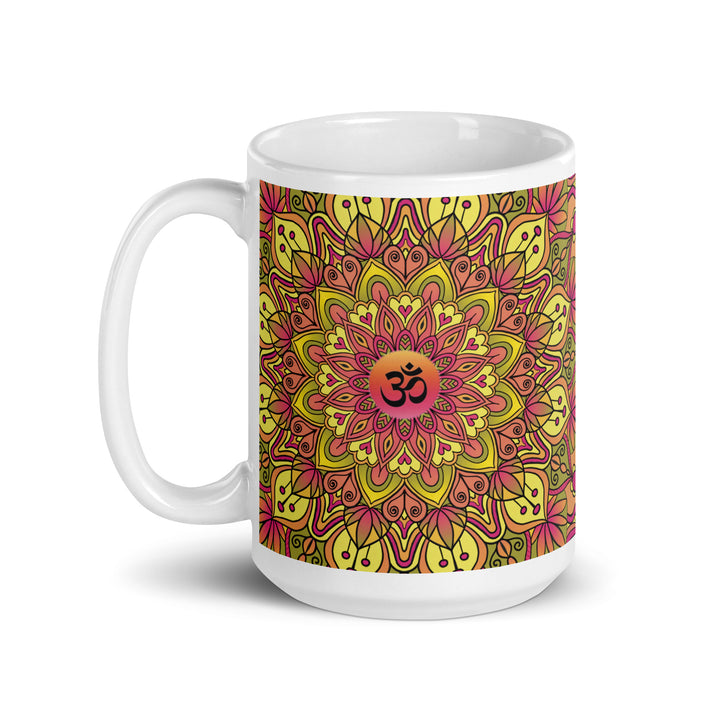 Ohm Bliss: Soft Yellow and Pink Mandala Mug for Serenity Seekers