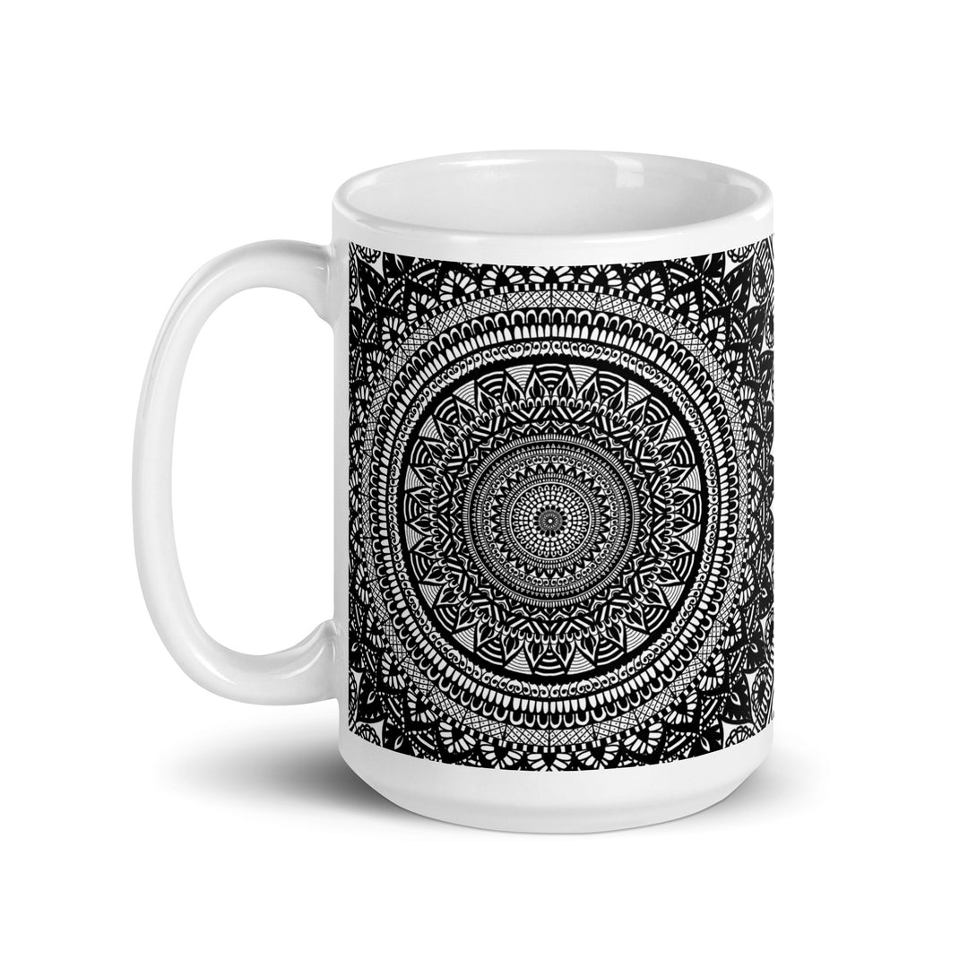 Mandala Duality: Black and White Ceramic Coffee Cup