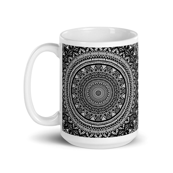 Mandala Duality: Black and White Ceramic Coffee Cup