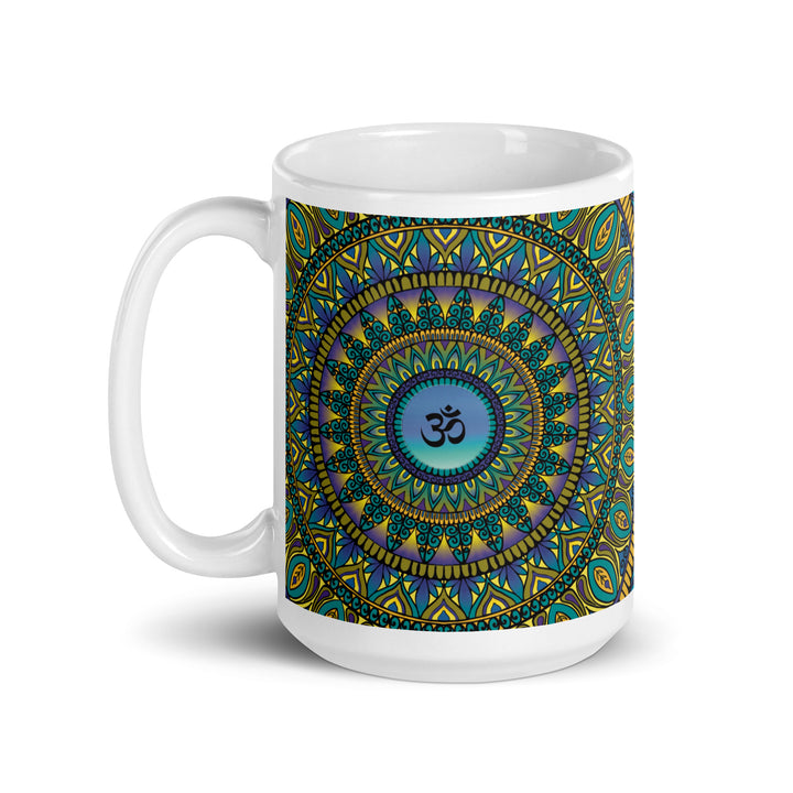 Sacred Serenity: Petrol, Purple, and Gold Mandala Mug with Ohm Symbol